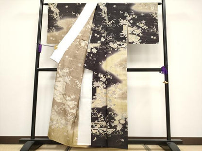 平和屋本店▽極上 染織の名門 しょうざん 生紬 訪問着 単衣 流水草花文 逸品 CYAA3238s5
