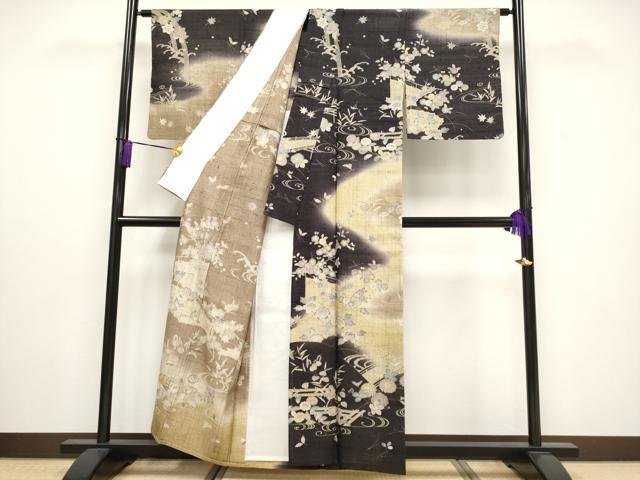 平和屋本店▽極上 染織の名門 しょうざん 生紬 訪問着 単衣 流水草花文 逸品 CYAA3238s5