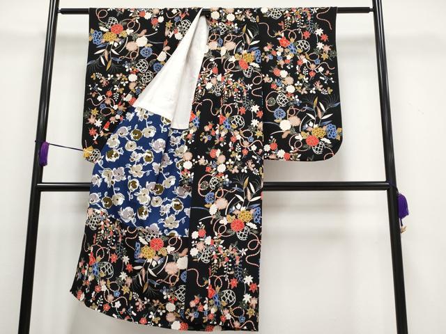 平和屋本店■極上　七五三　女の子　7歳　祝着・長襦袢セット　花籠文　黒地　鬼しぼ縮緬　反端付き　逸品　CYAA3259s5