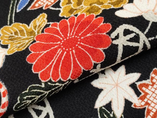 平和屋本店■極上　七五三　女の子　7歳　祝着・長襦袢セット　花籠文　黒地　鬼しぼ縮緬　反端付き　逸品　CYAA3259s5