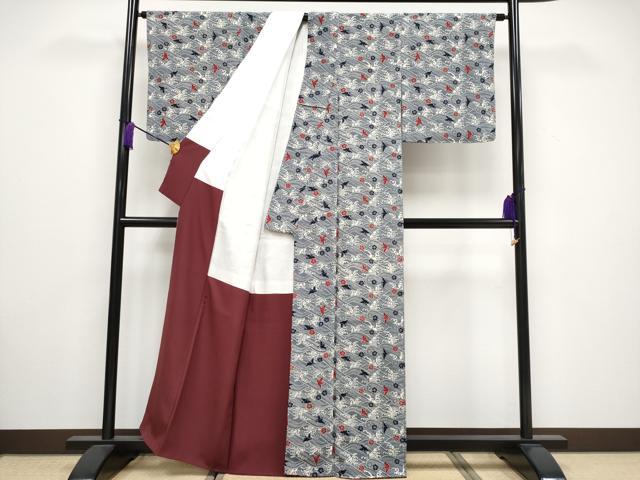 平和屋本店■極上　浦野理一　型染　小紋　立波花鳥文　鬼しぼ縮緬　錫色地　逸品　未使用　CYAA3273s5