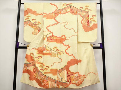 平和屋着物■極上　七五三　女の子　7歳　祝着　総絞り　飛鶴雲取り草花文　金彩　刈安色地　逸品　CYAA3309s5