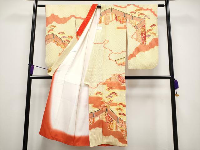 平和屋着物■極上　七五三　女の子　7歳　祝着　総絞り　飛鶴雲取り草花文　金彩　刈安色地　逸品　CYAA3309s5
