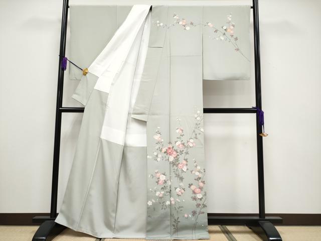 平和屋本店●極上　京加賀友禅　百貫達雄　訪問着　加賀の四季　華やぎ　暈し染め　柳鼠色地　反端付き　逸品　CYAA5051s6