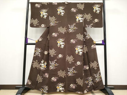 平和屋着物●極上 小紋 源氏車草花文 金彩 鬼しぼ縮緬 鉄黒色地 逸品 未使用 CYAA3315s5
