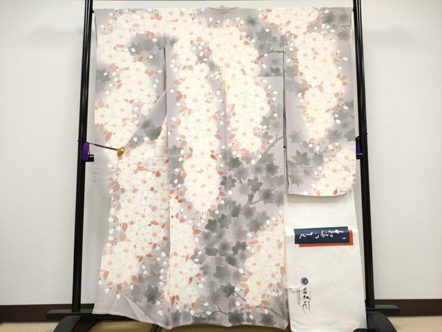 平和屋本店▽希少　銀座もとじ　振袖　単衣　桜　暈し染め　鬼しぼ縮緬　牡丹鼠色地　たとう紙付き　逸品　CYAA3318s5