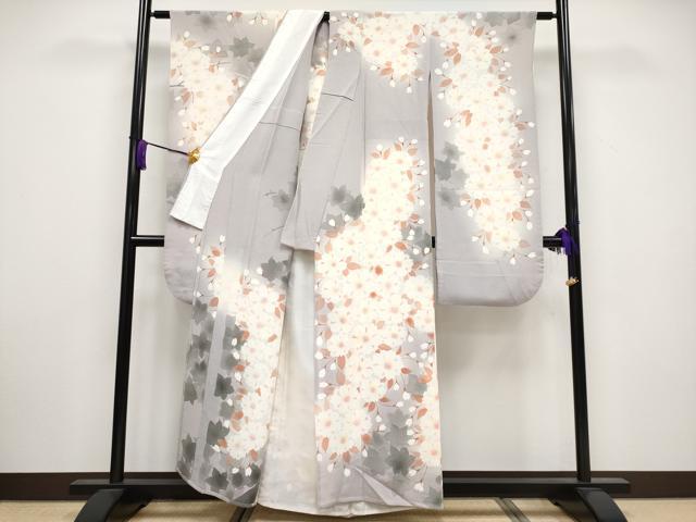 平和屋本店▽希少　銀座もとじ　振袖　単衣　桜　暈し染め　鬼しぼ縮緬　牡丹鼠色地　たとう紙付き　逸品　CYAA3318s5
