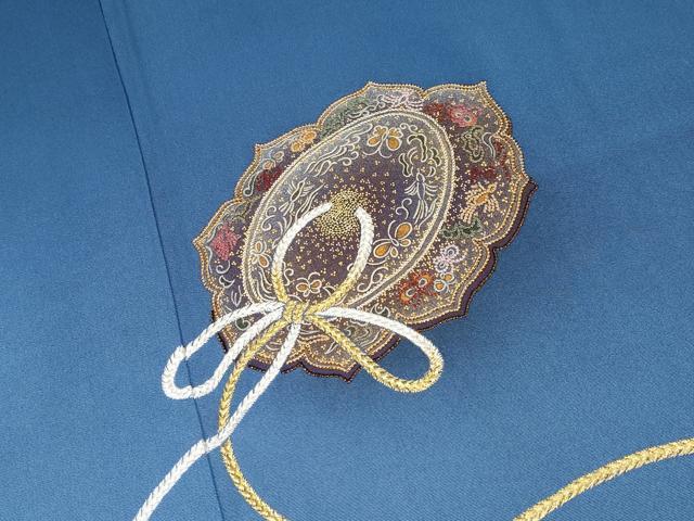 平和屋本店■極上　人間国宝　福田喜三郎　訪問着　相良刺繍　駒刺繍　鏡裏花蝶文　暈し染め　金銀彩　大丸扱い　深縹色　逸品 CYAA3324s5