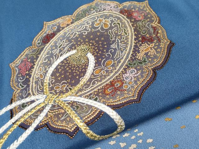 平和屋本店■極上　人間国宝　福田喜三郎　訪問着　相良刺繍　駒刺繍　鏡裏花蝶文　暈し染め　金銀彩　大丸扱い　深縹色　逸品 CYAA3324s5