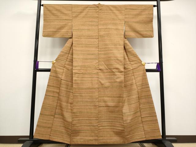 平和屋本店■極上　浦野理一　経節紬　横段文　胡桃色地　逸品　CYAA3326s5