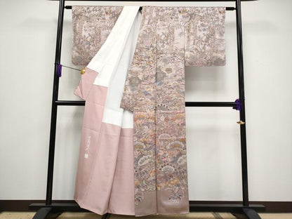 平和屋本店●極上　山岡古都・古都染人　染織美術品　薬墨染　天目織　お召　訪問着　花鳥文　薄柿色地　反端付き　逸品 未使用 CYAA3349s5