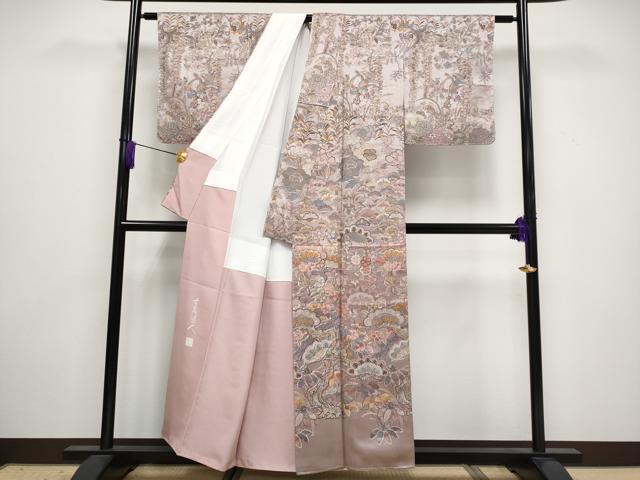 平和屋本店●極上　山岡古都・古都染人　染織美術品　薬墨染　天目織　お召　訪問着　花鳥文　薄柿色地　反端付き　逸品 未使用 CYAA3349s5