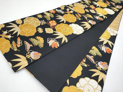 平和屋着物■極上　六通柄袋帯　唐織　宝尽くし　松竹梅　黒地　金銀糸　逸品　CYAA3365s5
