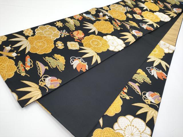 平和屋着物■極上　六通柄袋帯　唐織　宝尽くし　松竹梅　黒地　金銀糸　逸品　CYAA3365s5