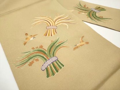 平和屋本店■極上　九寸名古屋帯　刺繍　雀　稲穂　榛色地　逸品　未使用　CYAA3385s5