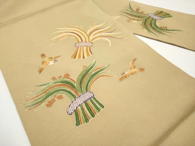 平和屋本店■極上　九寸名古屋帯　刺繍　雀　稲穂　榛色地　逸品　未使用　CYAA3385s5