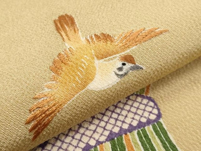 平和屋本店■極上　九寸名古屋帯　刺繍　雀　稲穂　榛色地　逸品　未使用　CYAA3385s5