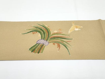 平和屋本店■極上　九寸名古屋帯　刺繍　雀　稲穂　榛色地　逸品　未使用　CYAA3385s5