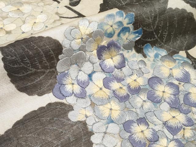 平和屋着物■極上　アンティーク　大正ロマン　九寸名古屋帯　引き抜き帯　刺繍　紫陽花　蝶　銀彩　逸品　CYAA3417s5