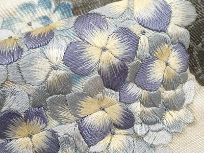 平和屋着物■極上　アンティーク　大正ロマン　九寸名古屋帯　引き抜き帯　刺繍　紫陽花　蝶　銀彩　逸品　CYAA3417s5