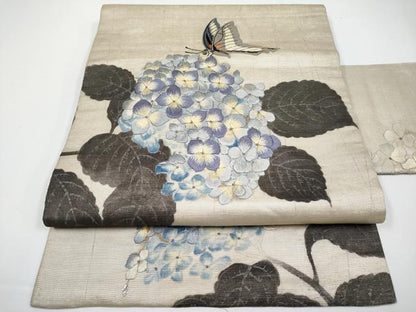 平和屋着物■極上　アンティーク　大正ロマン　九寸名古屋帯　引き抜き帯　刺繍　紫陽花　蝶　銀彩　逸品　CYAA3417s5