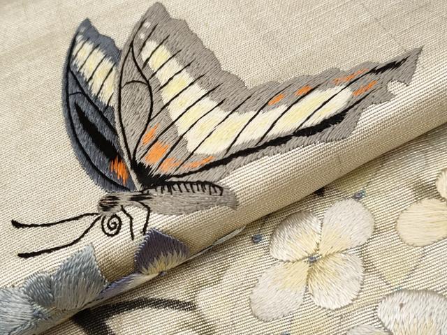 平和屋着物■極上　アンティーク　大正ロマン　九寸名古屋帯　引き抜き帯　刺繍　紫陽花　蝶　銀彩　逸品　CYAA3417s5