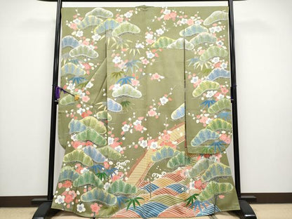 平和屋着物●極上　振袖　友禅　松竹梅　海松色地　逸品　未使用　CYAA3437s5