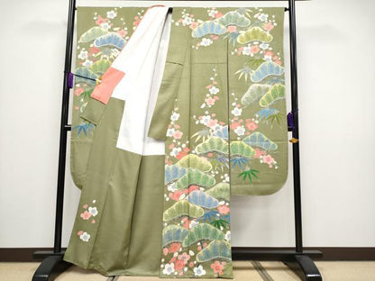 平和屋着物●極上　振袖　友禅　松竹梅　海松色地　逸品　未使用　CYAA3437s5