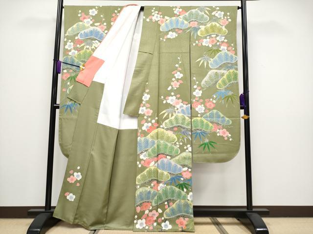 平和屋着物●極上　振袖　友禅　松竹梅　海松色地　逸品　未使用　CYAA3437s5