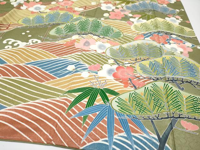 平和屋着物●極上　振袖　友禅　松竹梅　海松色地　逸品　未使用　CYAA3437s5