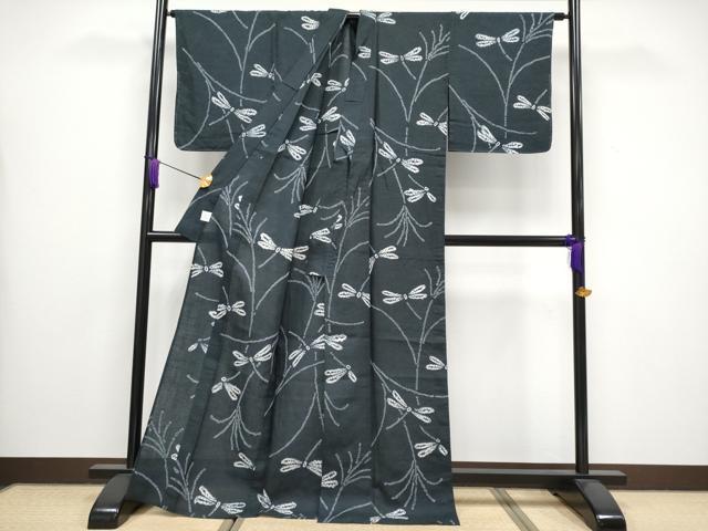 平和屋着物∴極上 夏物 浴衣 有松鳴海絞り トンボ 蝋色地 麻 逸品 未使用 CYAA3440s5