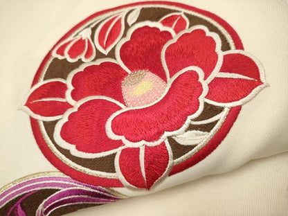 平和屋着物●極上　女性　行灯袴　総刺繍　花丸文　鳥の子色地　洗える着物　逸品　CYAA3458s5