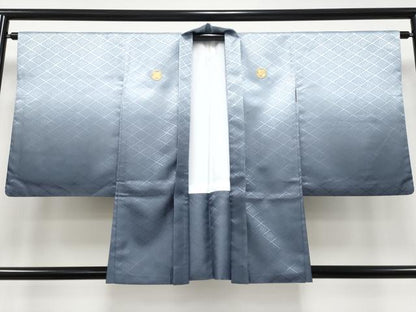 平和屋着物■極上　男性　袴下着物　紋付き羽織セット　舞台衣装　菱地紋　灰青色地　洗える着物　逸品　CYAA3484s5