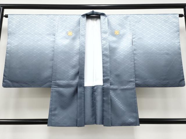 平和屋着物■極上　男性　袴下着物　紋付き羽織セット　舞台衣装　菱地紋　灰青色地　洗える着物　逸品　CYAA3484s5