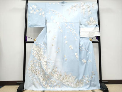 平和屋本店■最高級　訪問着　総手刺繍　舞花文　暈し染め　秘色色地　反端付き　逸品　未使用　CYAA3494s5