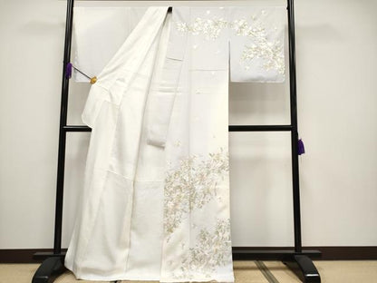 平和屋本店■最高級　訪問着　総手刺繍　草花文　暈し染め　金糸　牡丹鼠色地　反端付き　逸品　未使用　CYAA3500s5