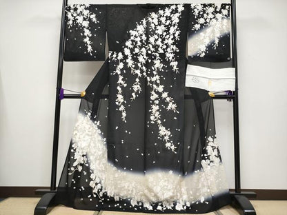 平和屋本店■最高級　夏物　訪問着　絽　総手刺繍　胡蝶蘭　枝垂れ桜　暈し染め　黒地　金銀彩　反端付き　逸品　未使用　CYAA3507s5