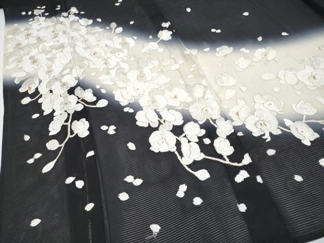 平和屋本店■最高級　夏物　訪問着　絽　総手刺繍　胡蝶蘭　枝垂れ桜　暈し染め　黒地　金銀彩　反端付き　逸品　未使用　CYAA3507s5