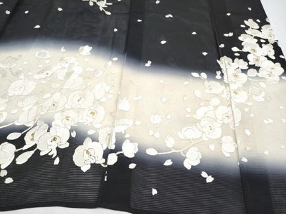 平和屋本店■最高級　夏物　訪問着　絽　総手刺繍　胡蝶蘭　枝垂れ桜　暈し染め　黒地　金銀彩　反端付き　逸品　未使用　CYAA3507s5