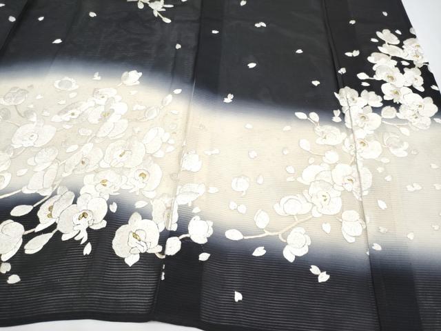 平和屋本店■最高級　夏物　訪問着　絽　総手刺繍　胡蝶蘭　枝垂れ桜　暈し染め　黒地　金銀彩　反端付き　逸品　未使用　CYAA3507s5