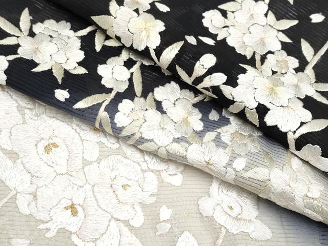 平和屋本店■最高級　夏物　訪問着　絽　総手刺繍　胡蝶蘭　枝垂れ桜　暈し染め　黒地　金銀彩　反端付き　逸品　未使用　CYAA3507s5
