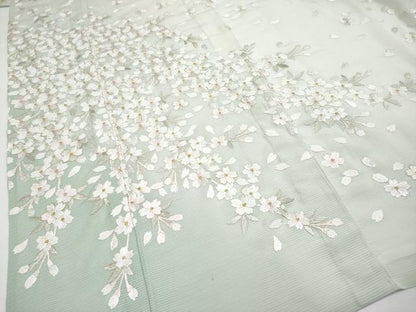 平和屋本店＊最高級　夏物　訪問着　絽　総手刺繍　舞桜文　暈し染め　金糸　白緑色地　反端付き　逸品　未使用　CYAA3508s5