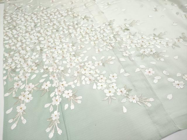 平和屋本店＊最高級　夏物　訪問着　絽　総手刺繍　舞桜文　暈し染め　金糸　白緑色地　反端付き　逸品　未使用　CYAA3508s5