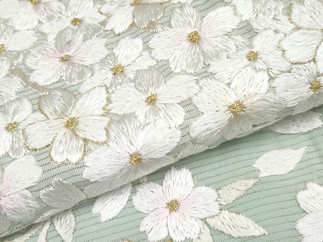 平和屋本店＊最高級　夏物　訪問着　絽　総手刺繍　舞桜文　暈し染め　金糸　白緑色地　反端付き　逸品　未使用　CYAA3508s5