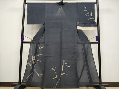平和屋着物＊極上 夏物 本場絹芭蕉 訪問着 竹屋町刺繍 枝花文 濃紺地 反端付き 逸品 CYAA3513s5