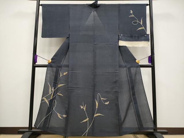 平和屋着物＊極上 夏物 本場絹芭蕉 訪問着 竹屋町刺繍 枝花文 濃紺地 反端付き 逸品 CYAA3513s5