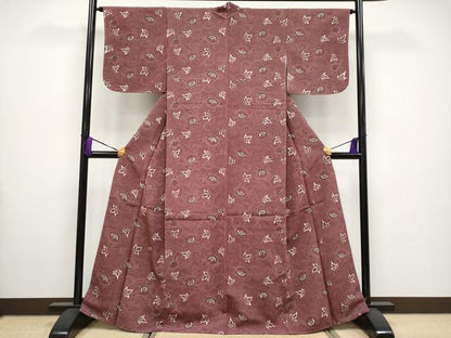 平和屋本店■極上　浦野理一　型染　小紋　牡丹唐草文　鬼しぼ縮緬　葡萄茶色地　逸品　未使用　CYAA3545s5