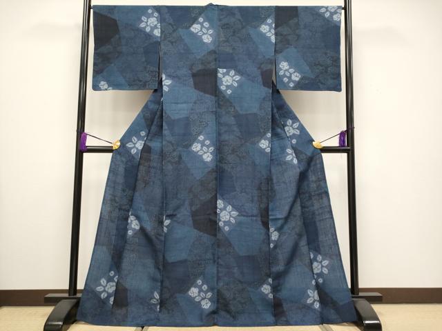 平和屋着物▽極上 伝統工芸士 七代目 吉澤与市 紬 単衣 絞り 型染め 切嵌唐草文 逸品 CYAA3553s5
