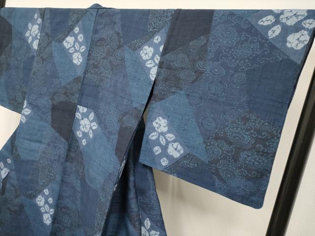 平和屋着物▽極上 伝統工芸士 七代目 吉澤与市 紬 単衣 絞り 型染め 切嵌唐草文 逸品 CYAA3553s5