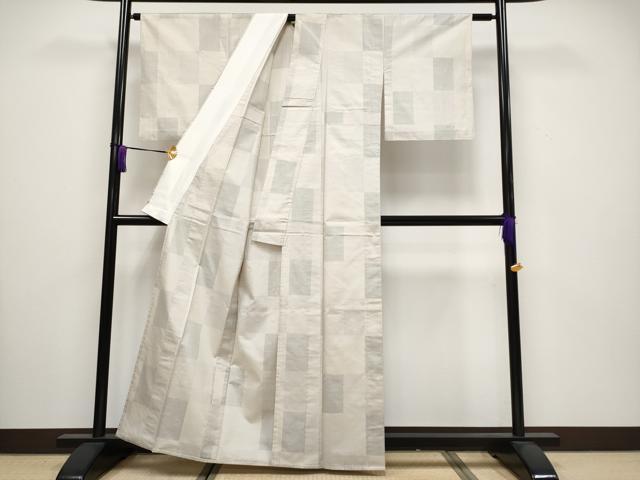 平和屋着物■極上　本場大島紬　白大島　単衣　9マルキ　市松文様　練色地　逸品　CYAA3559s5